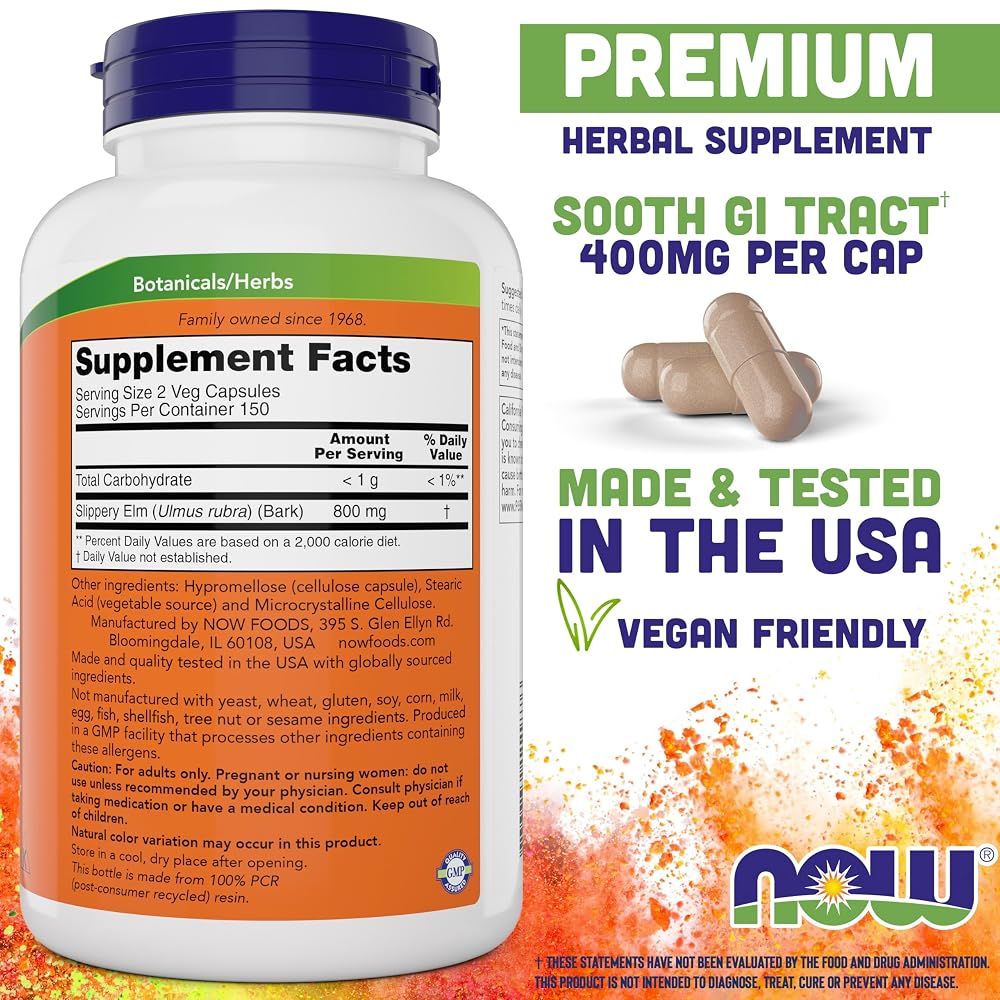 NOW Foods Slippery Elm 400 mg - 300 Vegetarian Capsules - image 2