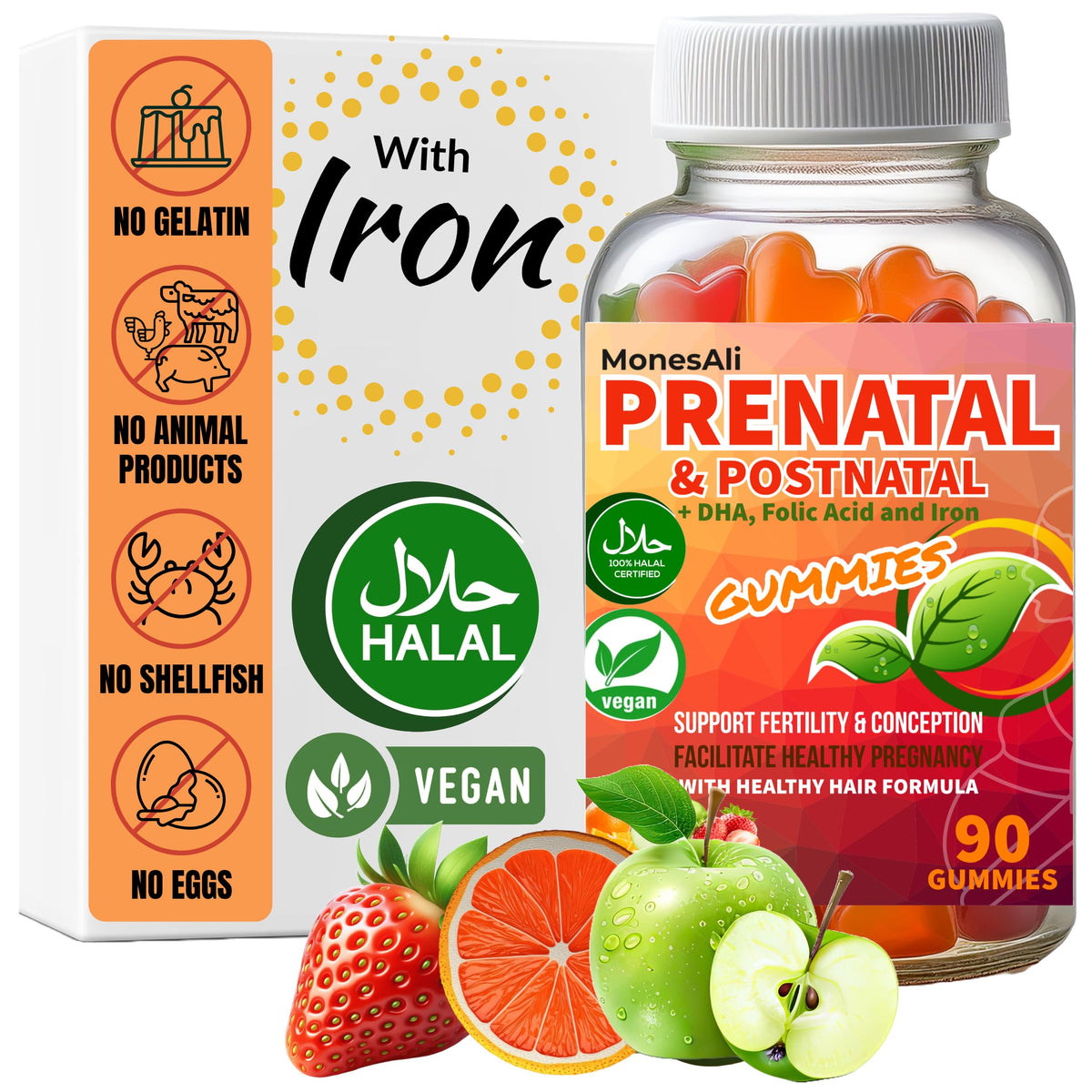 MonesAli Halal Prenatal Vitamins Gummies with Folic Acid & DHA - 90 Gummies