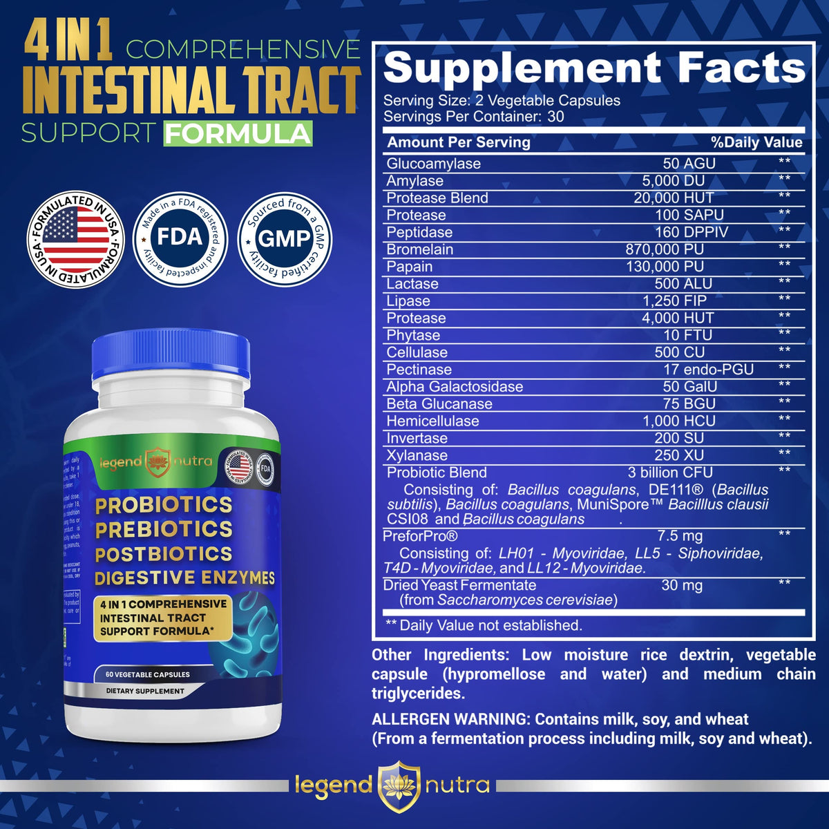 Legend Nutra 4-in-1 Probiotics + Prebiotics + Postbiotics + Digestive