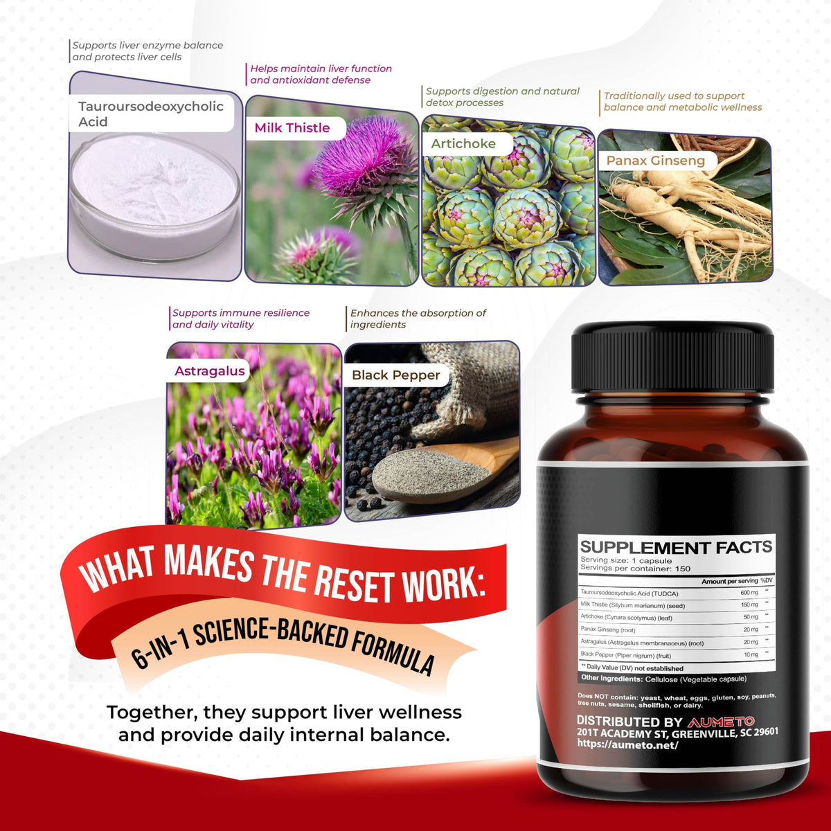 AUMETO Advanced TUDCA 6-in-1 with Milk Thistle & Artichoke - 150 Capsules - image 4