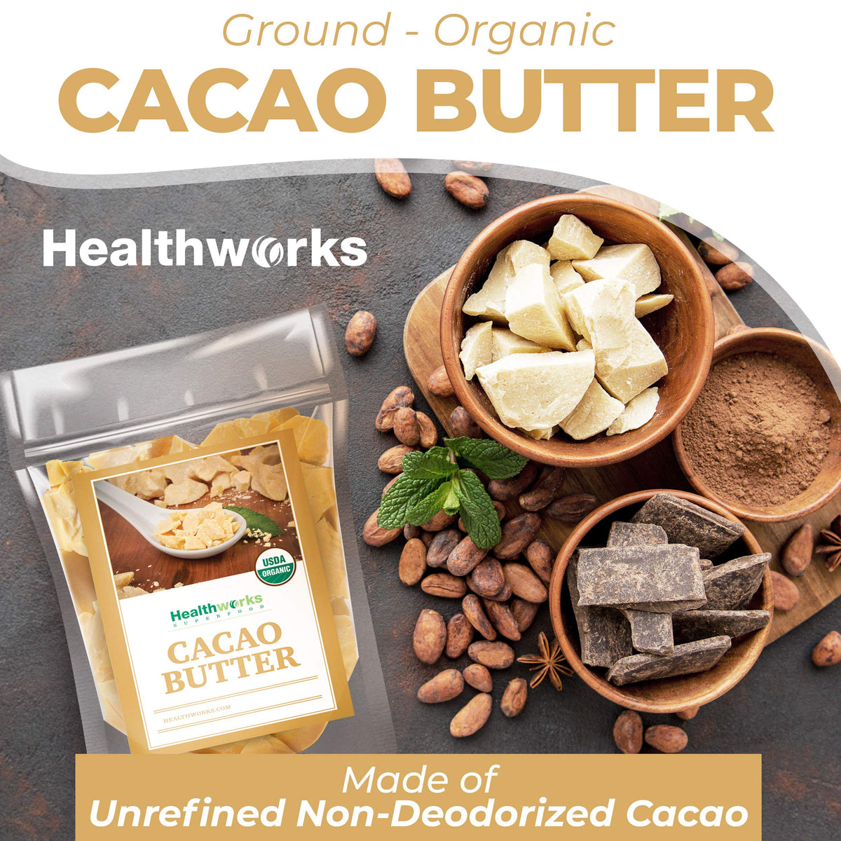 Healthworks Superfoods Organic Cacao Butter Raw Unrefined - 1 lb - image 3