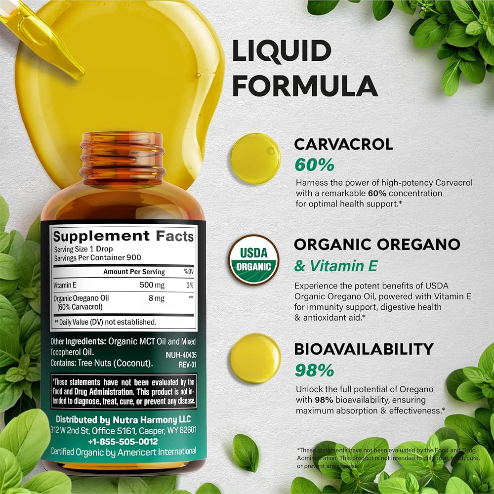NUTRAHARMONY Oregano Oil Drops Organic 60% Carvacrol - 1 oz - image 5