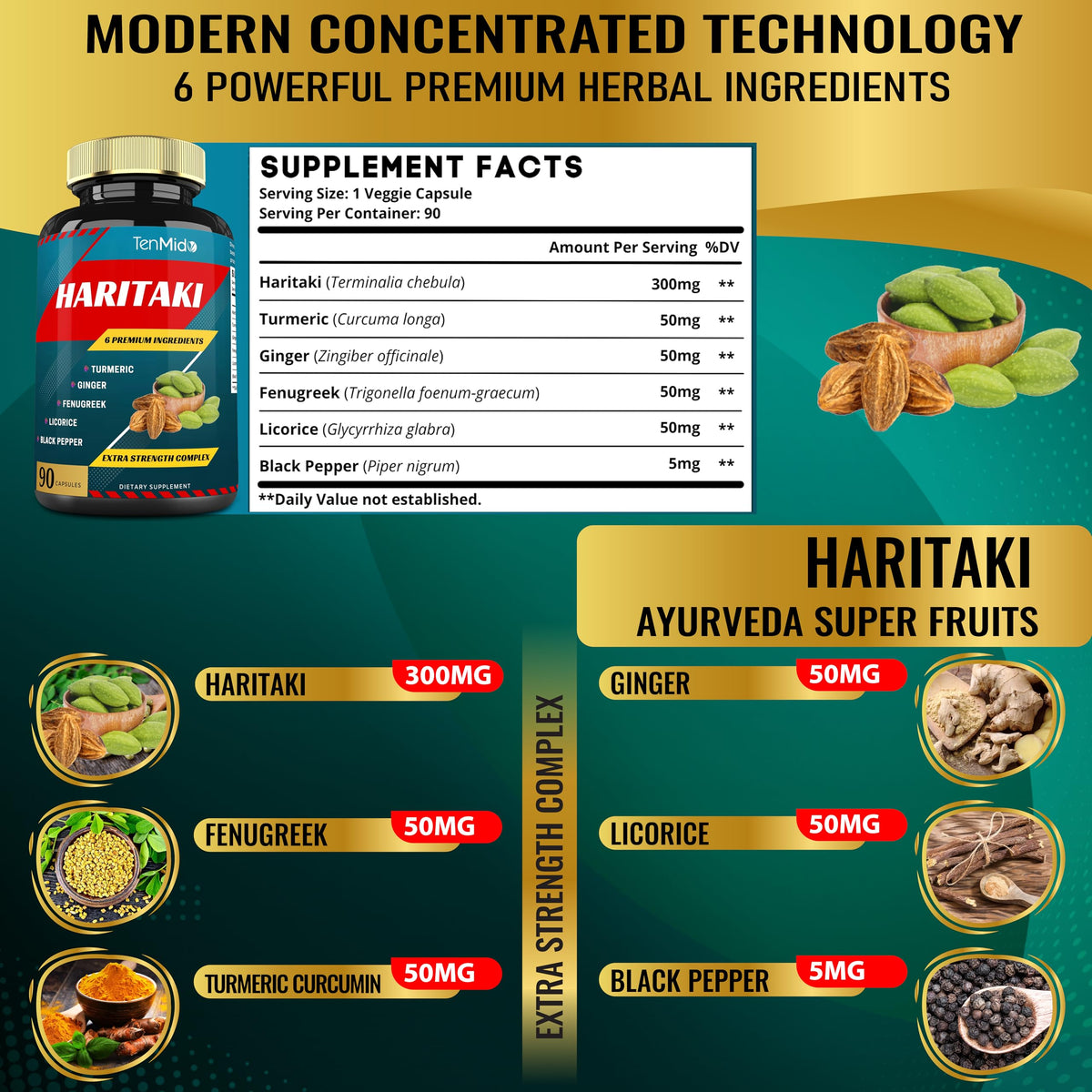 Tenmido Haritaki Extract with Turmeric & Ginger - 90 Capsules - image 4