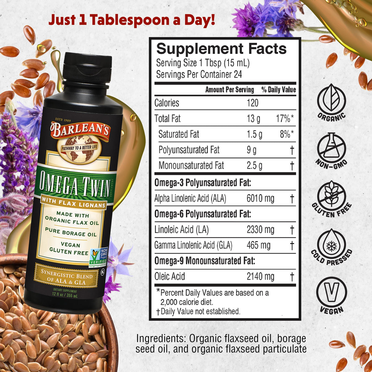 Barlean's Omega Twin Flaxseed and Borage Oil - 12 oz - image 2