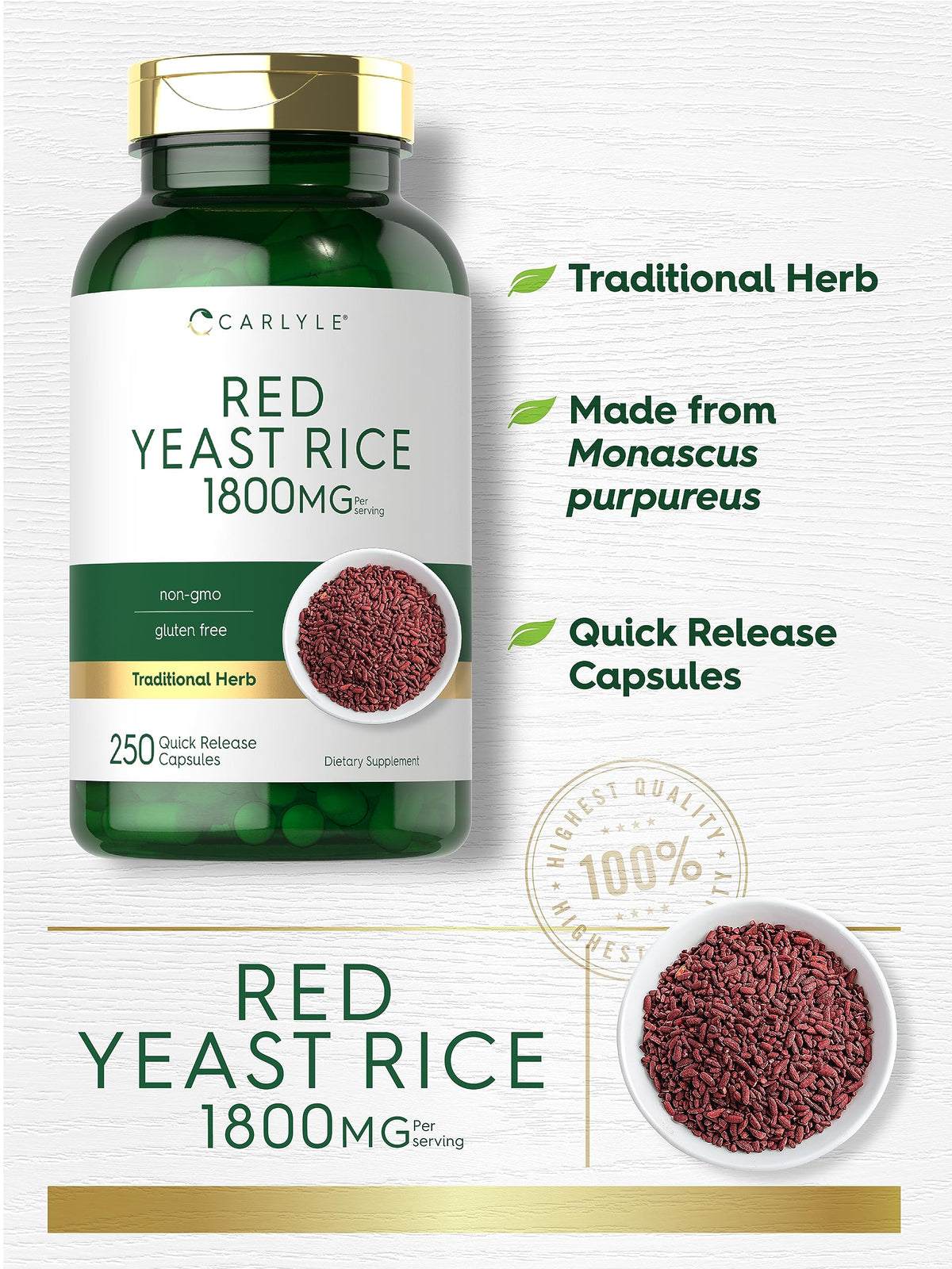 Carlyle Red Yeast Rice Supplement 1800 mg - 250 Capsules - image 3