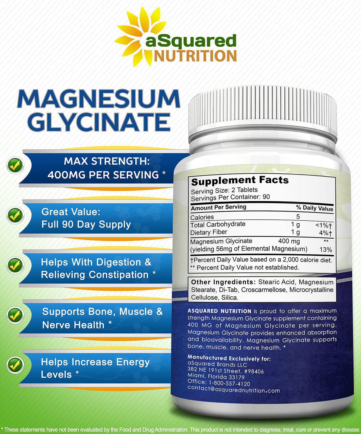 aSquared Nutrition Magnesium Glycinate 400mg - 180 Tablets - image 6