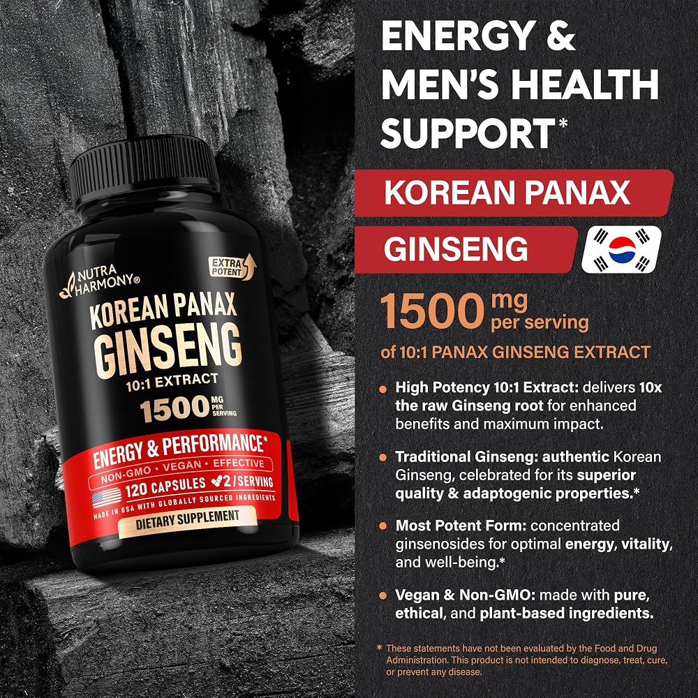 NUTRAHARMONY Panax Ginseng 1500mg Energy & Focus - 120 Capsules - image 3