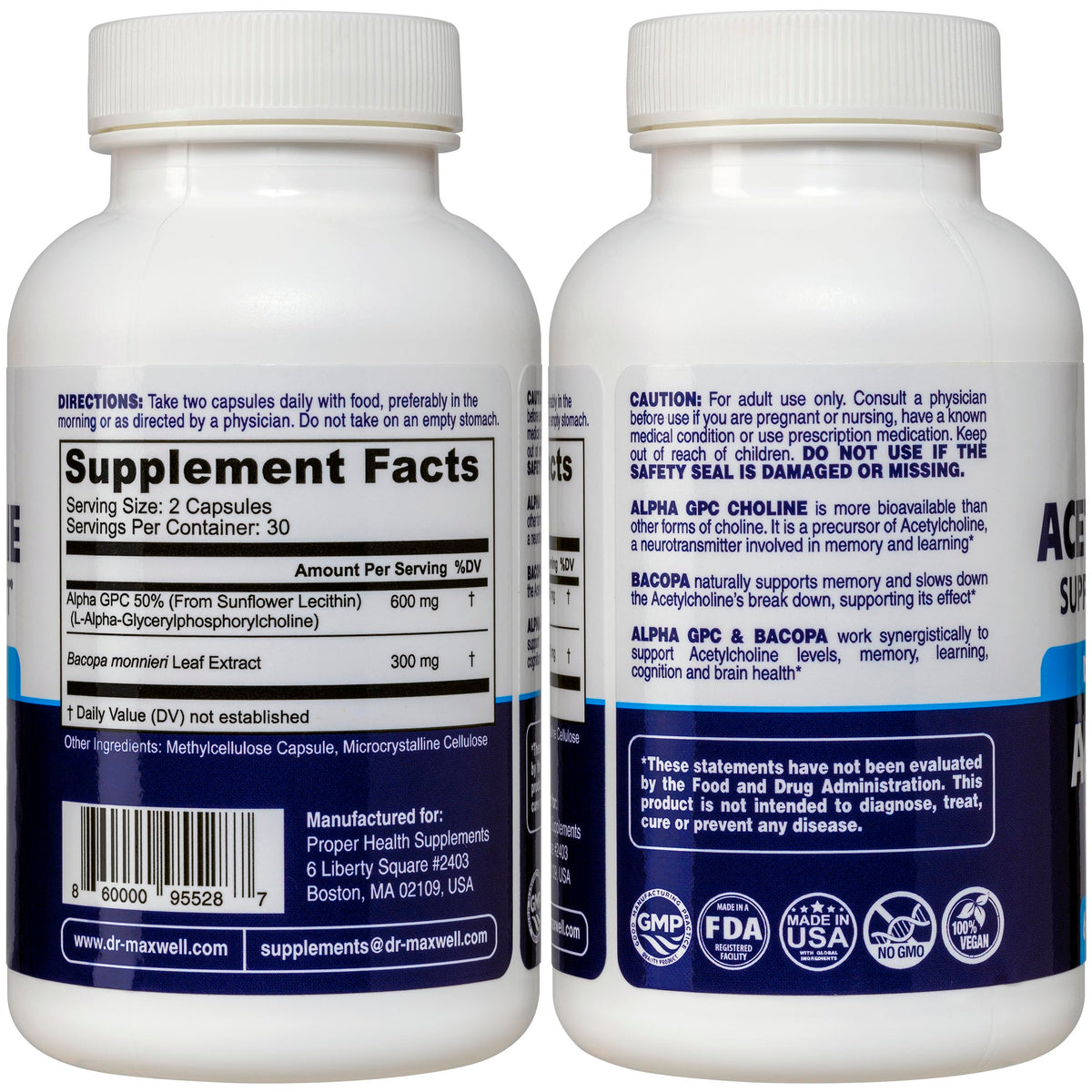 Dr. Maxwell Acetylcholine Alpha GPC 600mg + Bacopa - 60 Capsules - image 2