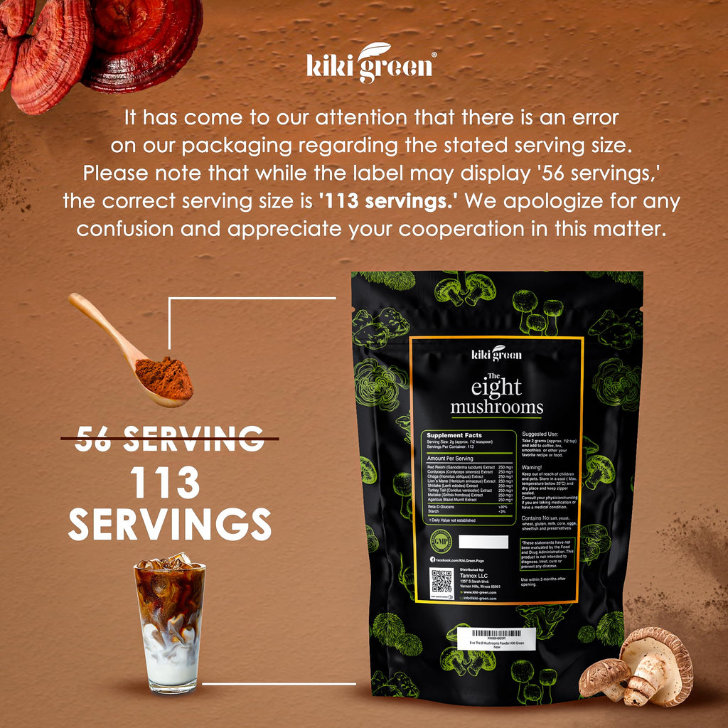 KIKI Green Mushroom Powder Extract - The 8 Mushrooms Supplement Blend