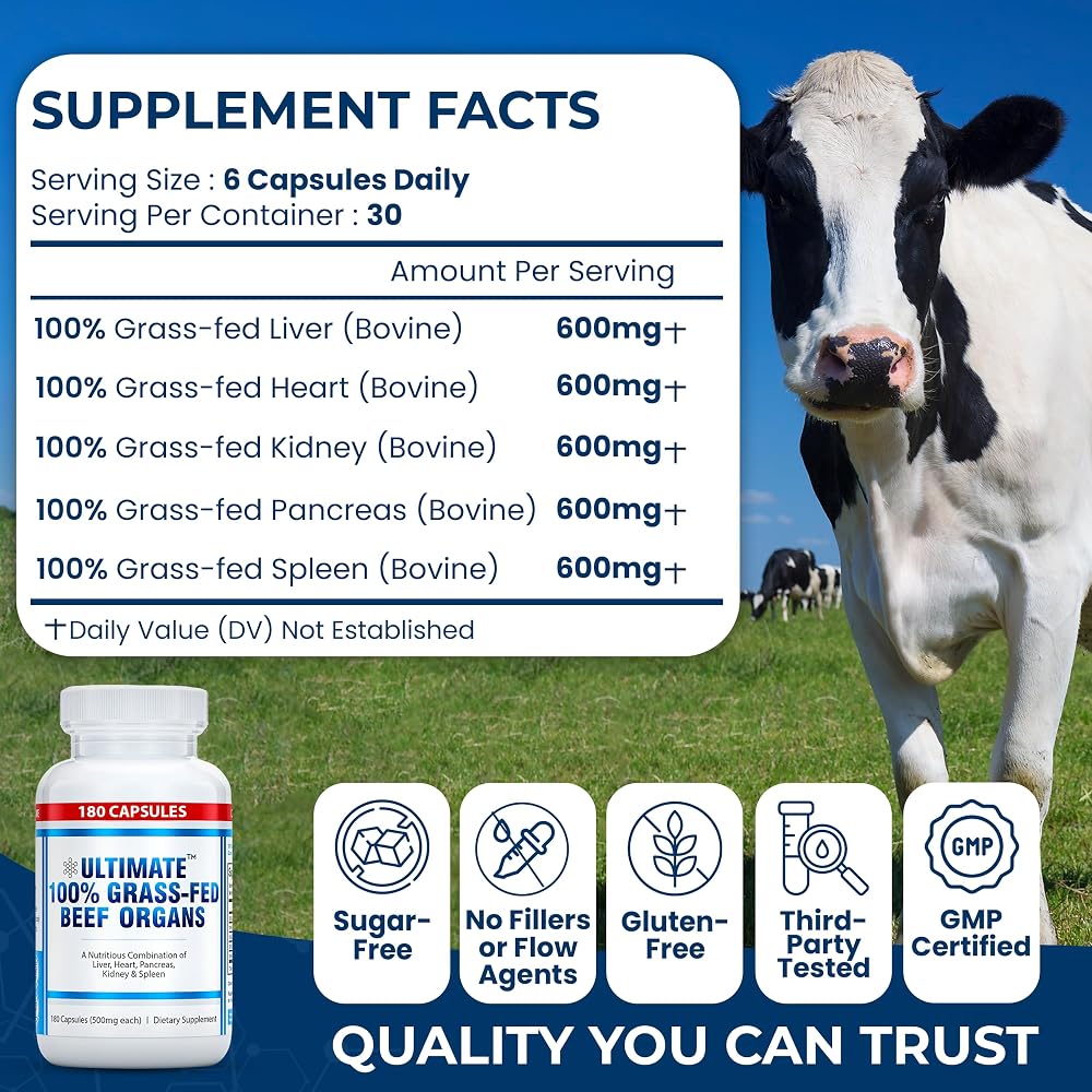 Ultimate Grass Fed Beef Organs Supplement - 180 Capsules - image 2