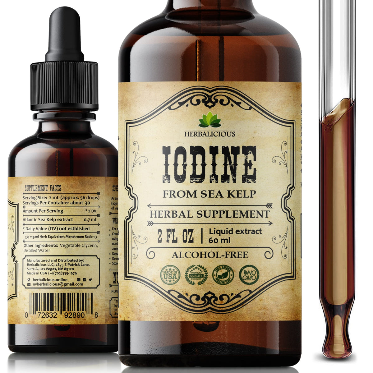 HERBALICIOUS Iodine Drops Natural Sea Kelp Thyroid Support - 2 fl oz