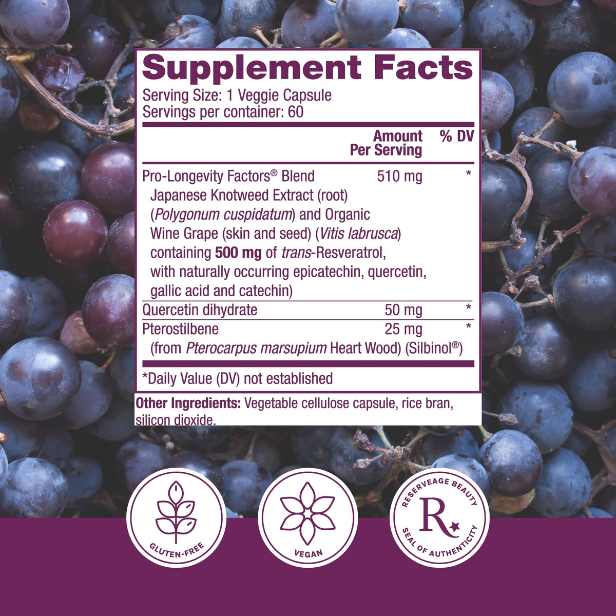 Reserveage Nutrition Resveratrol 500 mg with Pterostilbene - 60 Capsules - image 2