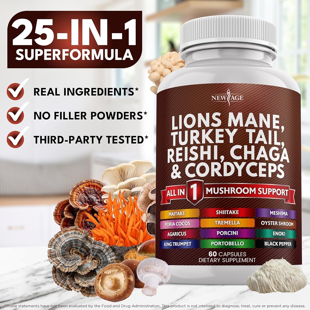NEW AGE Lions Mane Mushroom Supplement with Turkey Tail Reishi
