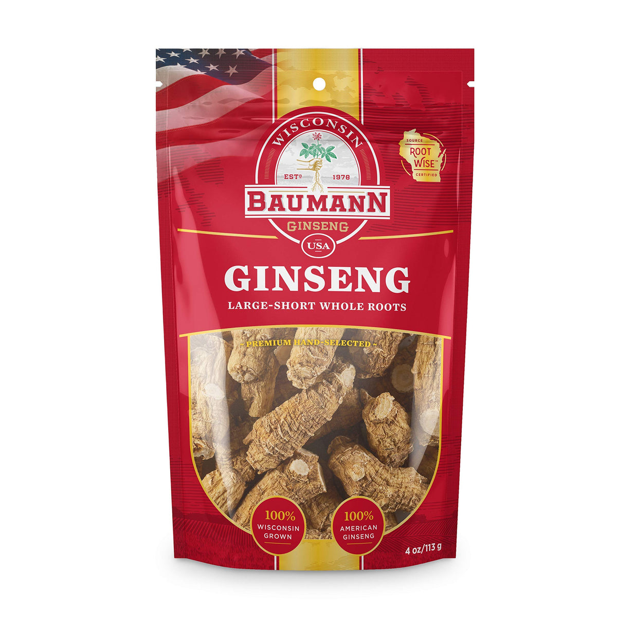 Baumann Wisconsin Ginseng Whole Roots Large Short - 4 oz.