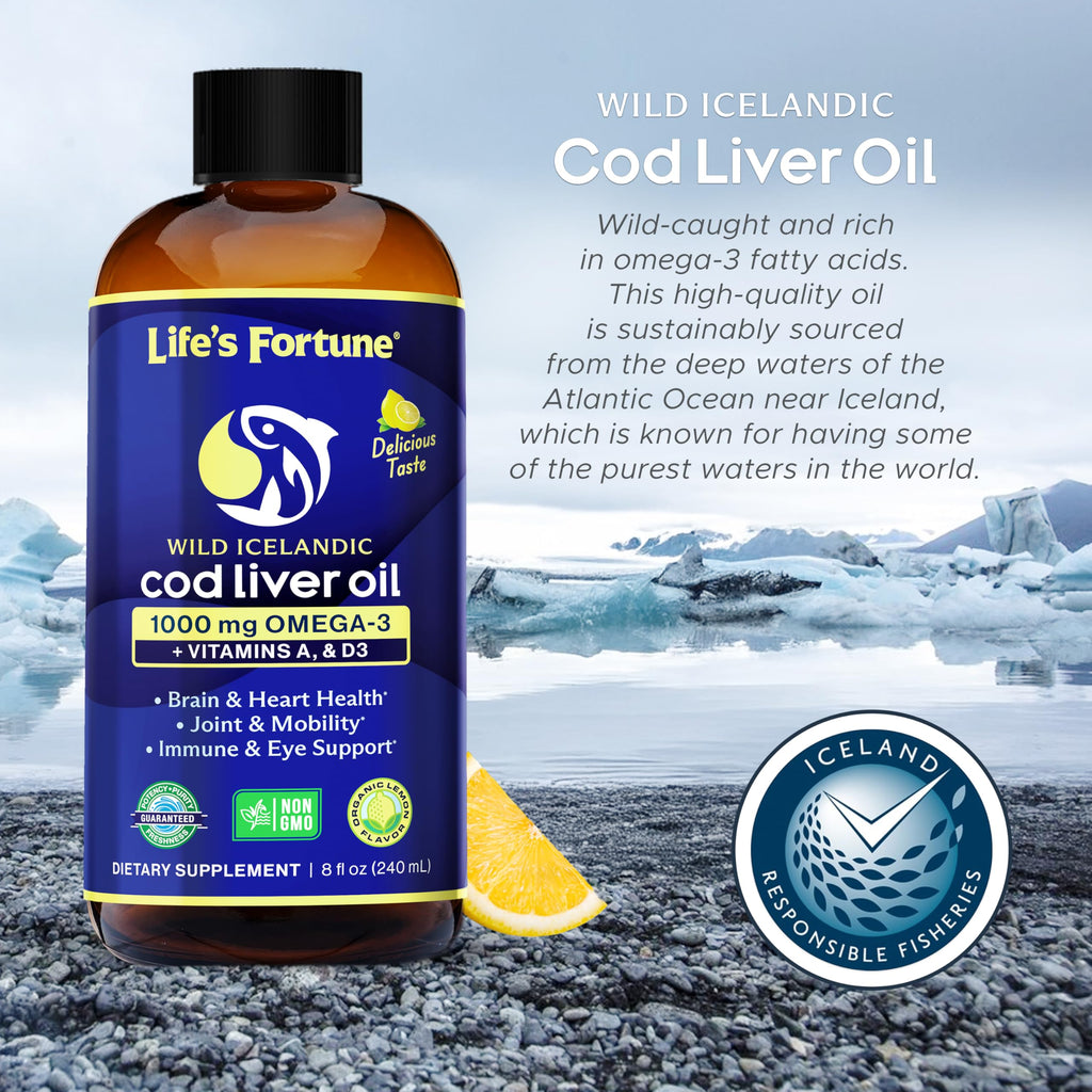 Life's Fortune Cod Liver Oil Liquid Lemon Flavor Organic Supplement