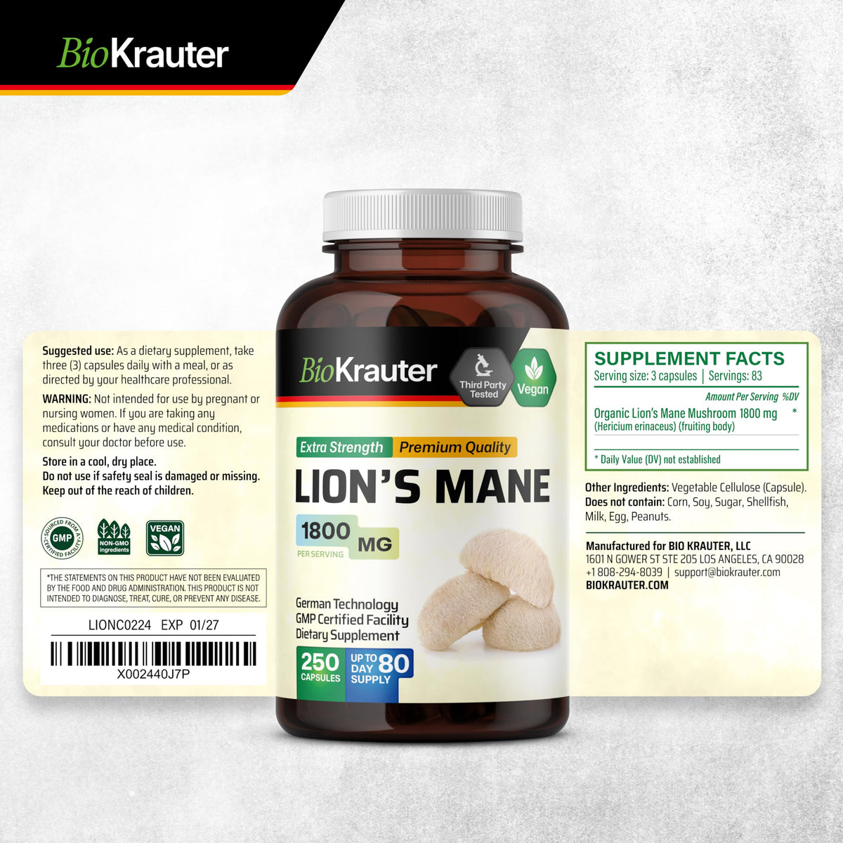 BIO KRAUTER Lion's Mane for Focus Support & Brain Health - 250 Capsules - image 9