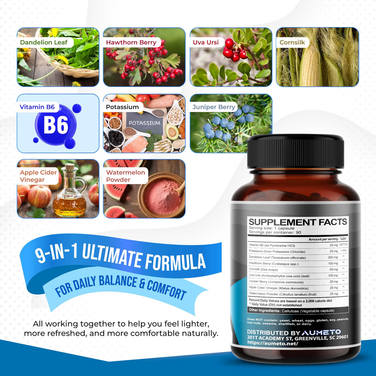 Aumeto Daily Water Balance 9-in-1 with Dandelion & Uva Ursi - 90 Capsules - image 3