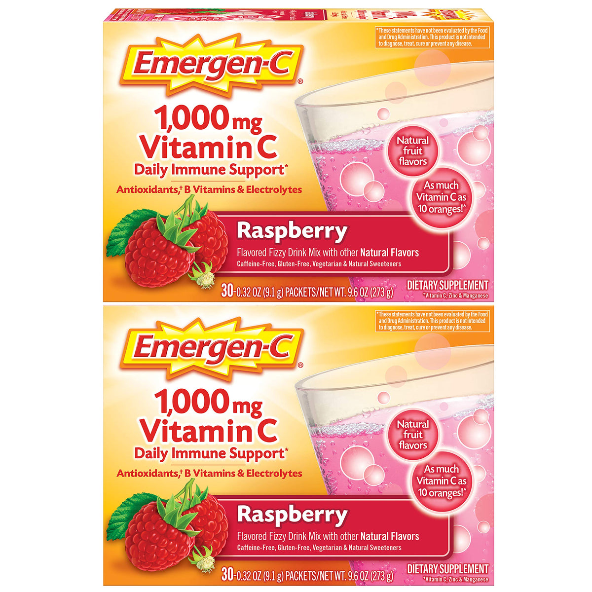 Emergen-C Vitamin C 1000mg Immune Support Powder, Raspberry - 60 Packets
