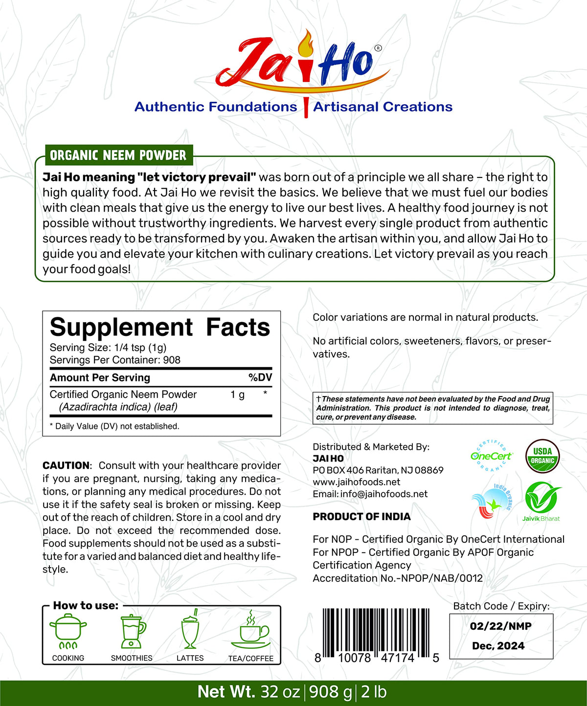 Vitamatic Jai Ho USDA Organic Neem Powder - 32 oz - image 2
