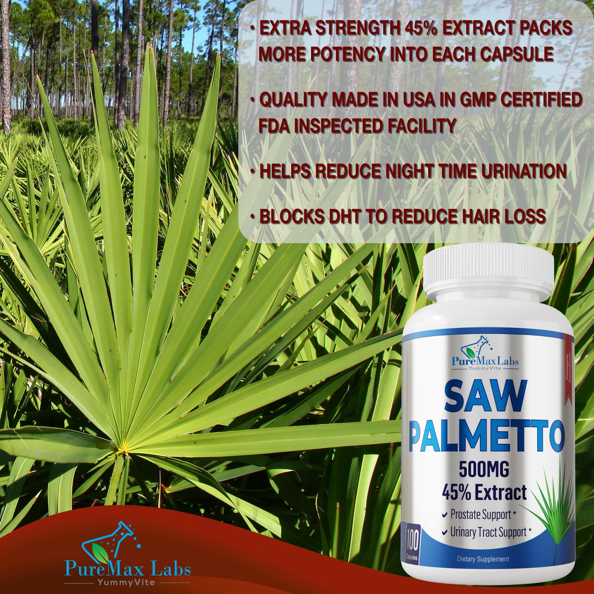 YUMMYVITE Extra Strength Saw Palmetto 45% Extract - 100 Capsules - image 3