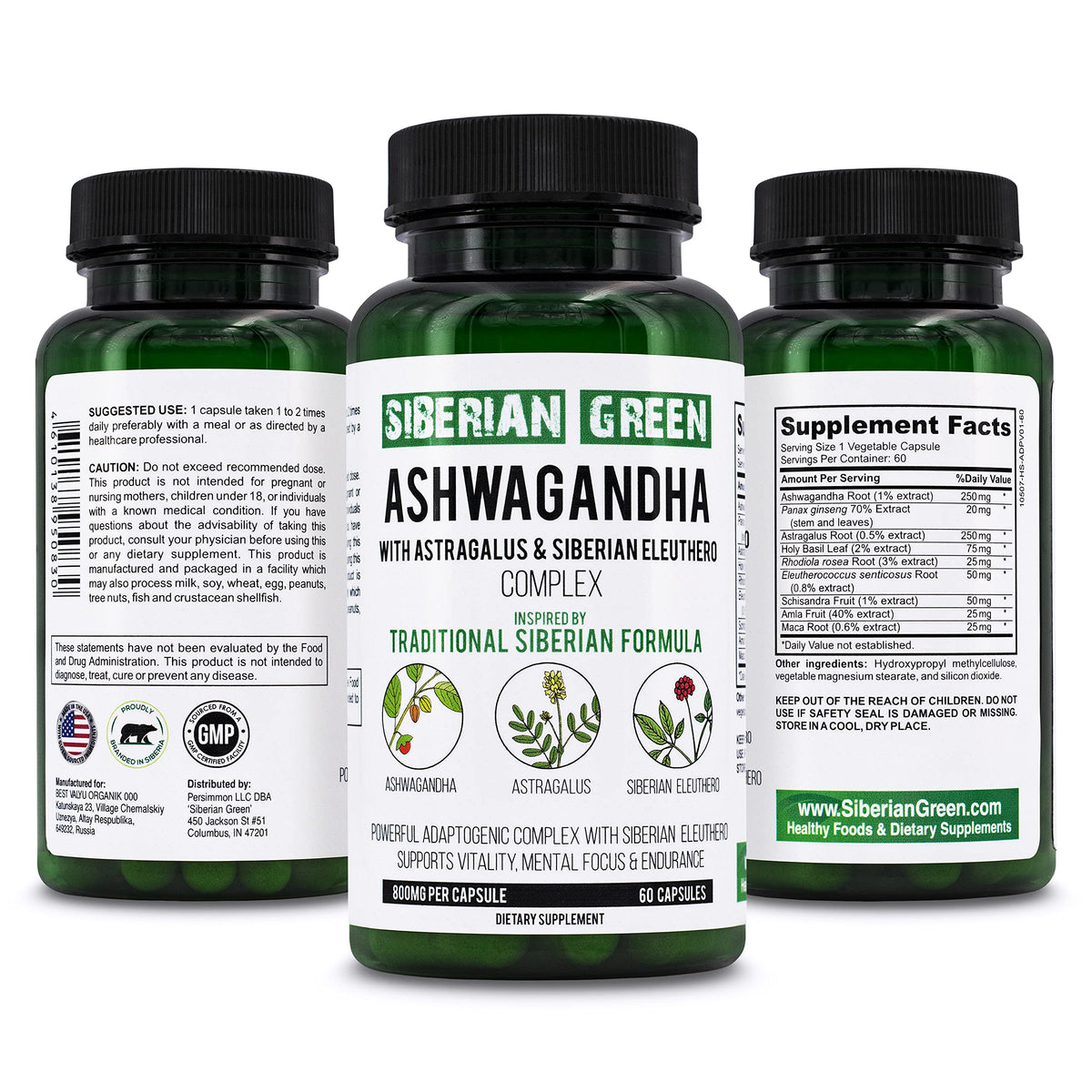 Siberian Green Ashwagandha Root with Astragalus & Eleuthero - 60 Capsules