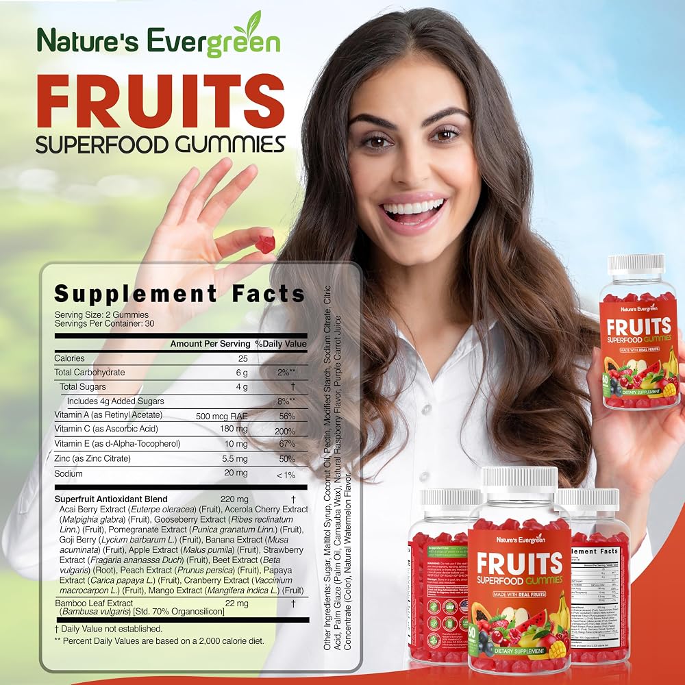 Nature's Evergreen Fruits and Veggies Superfood Gummies - 120 Gummies - image 2
