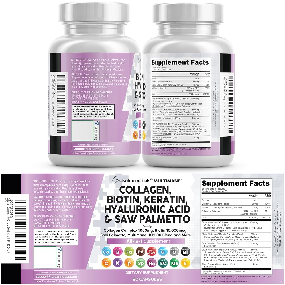 Clean Nutraceuticals Collagen Pills 1000mg Biotin 10000mcg Keratin