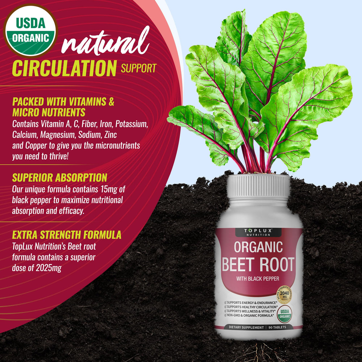 Toplux Organic Beet Root Powder Tablets 2040mg - 90 Tablets - image 5