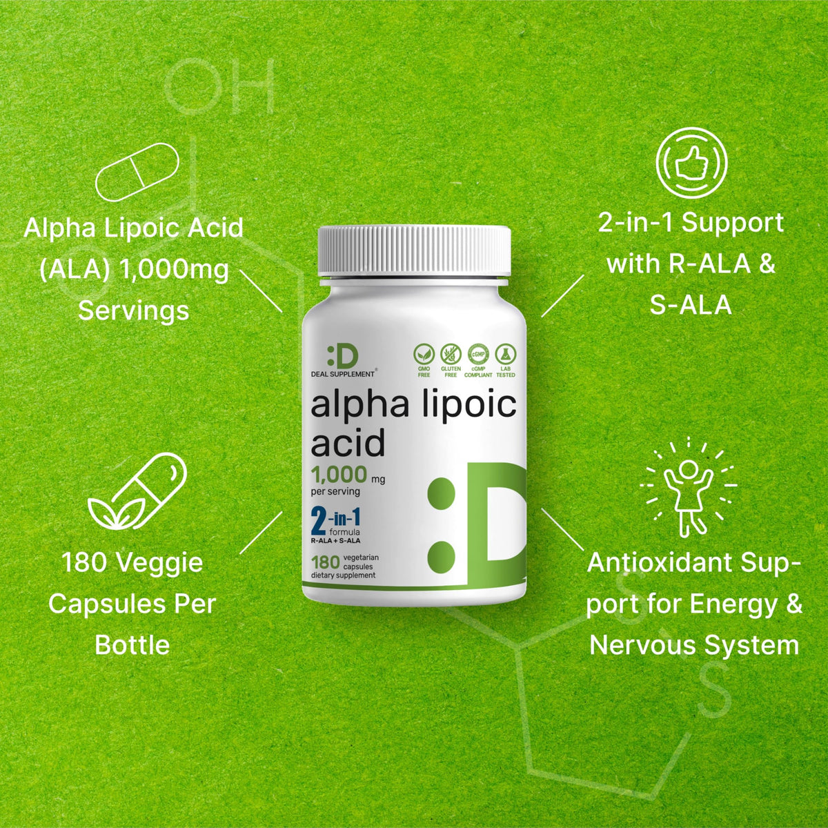 DEAL SUPPLEMENT Alpha Lipoic Acid 1000mg - 180 Vegetarian Capsules - image 4