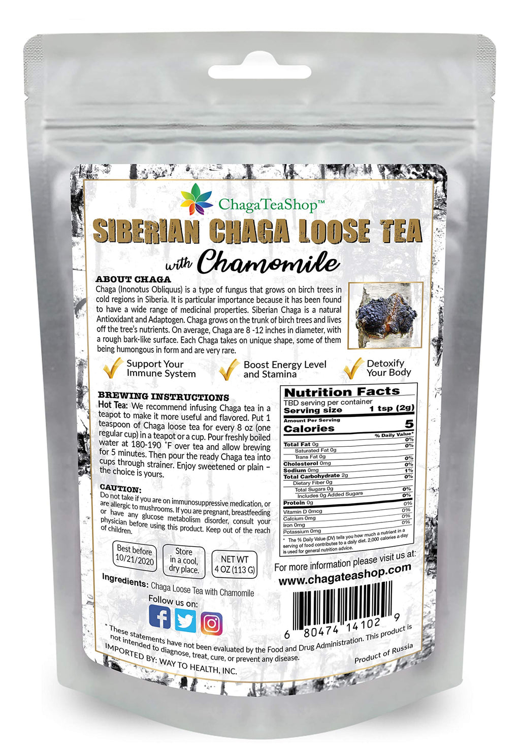 ChagaTeaShop Siberian Chaga Mushroom Loose Tea with Chamomile - 4 Oz - image 2