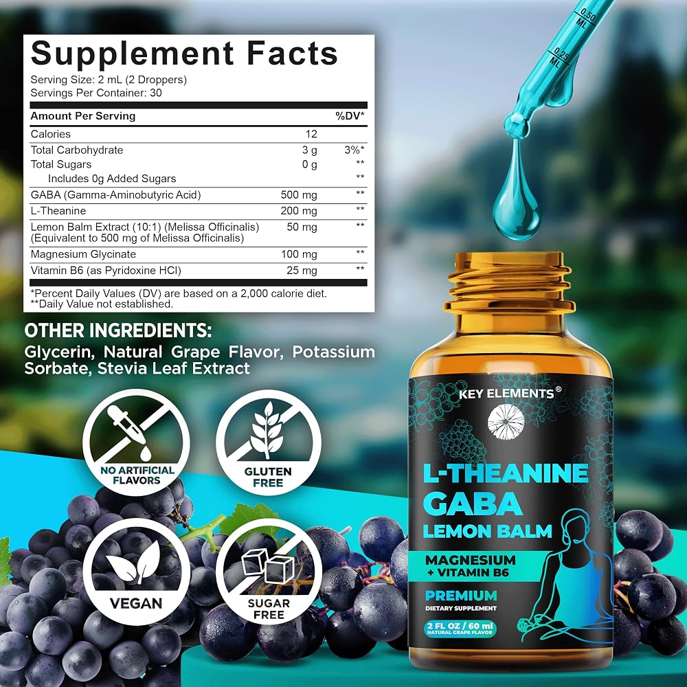 KEY ELEMENTS Liquid GABA L-Theanine Supplement for Stress Relief - 2 Fl Oz - image 5