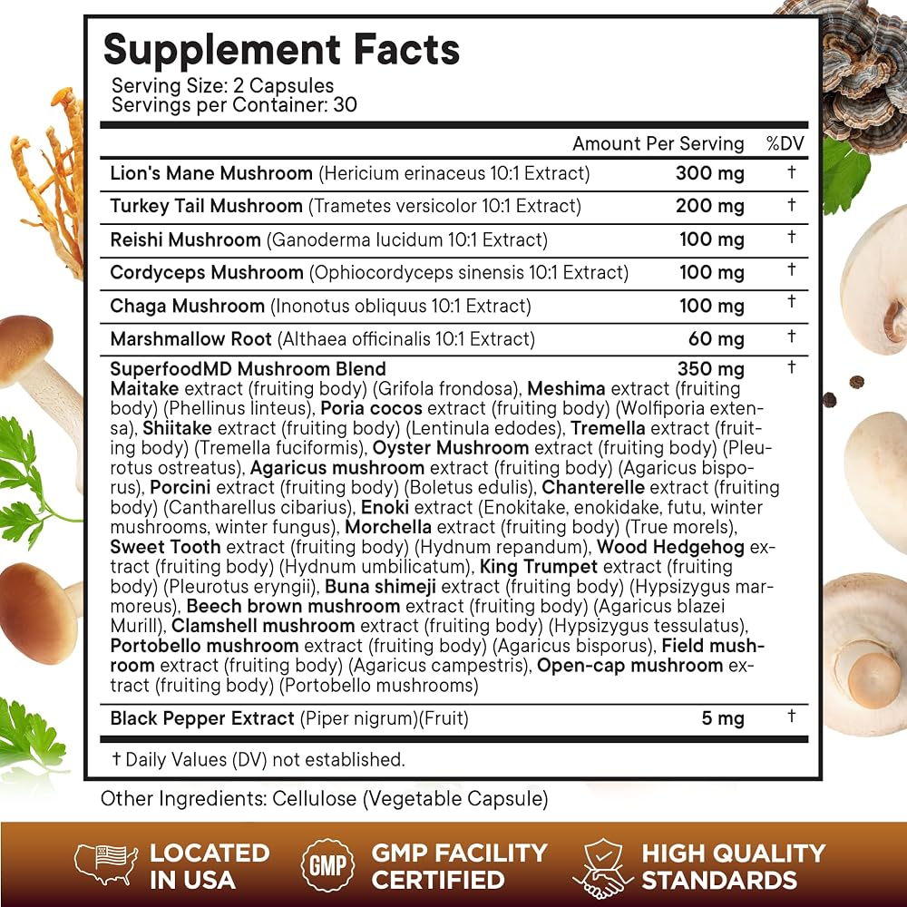 Superfood MD Lions Mane Mushroom Supplement with Turkey Tail Reishi