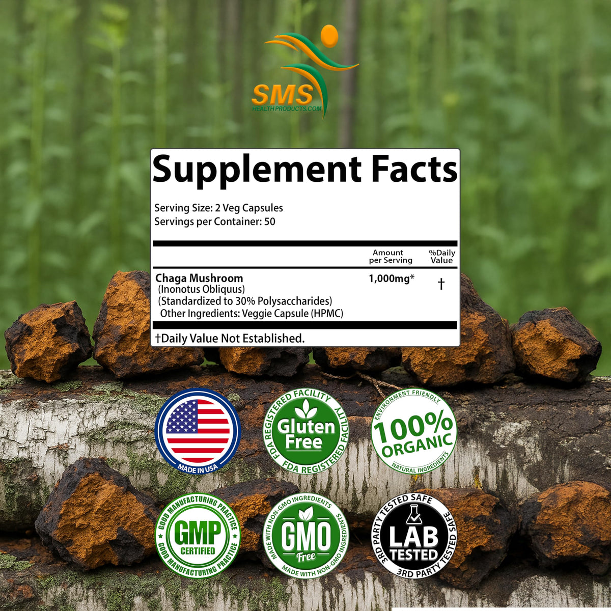SMSHEALTHPRODUCTS.com Chaga Mushroom Extract 1000mg - 100 Vegetarian Capsules - image 5