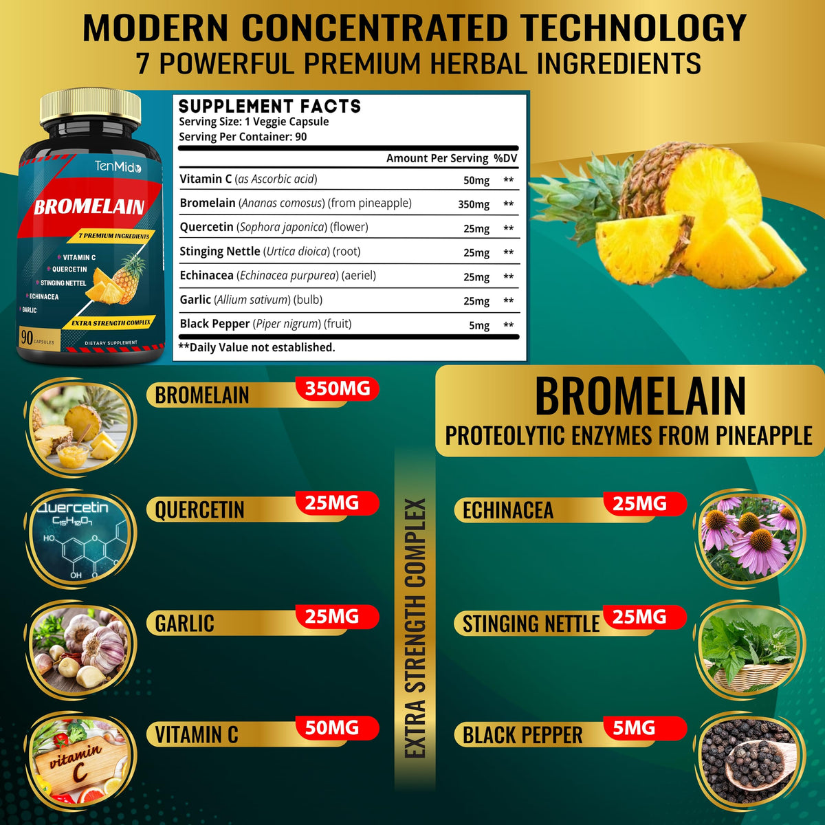 Tenmido Bromelain Extract Capsules with Vitamin C & Quercetin - 90 Capsules - image 3