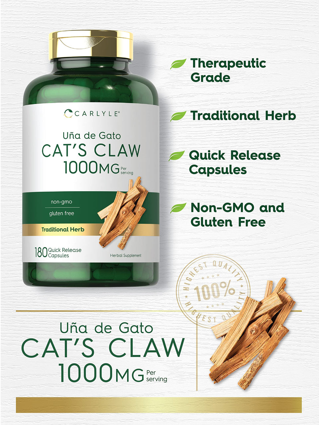 Carlyle Cat's Claw Herb Capsules 1000mg - 180 Count - image 3