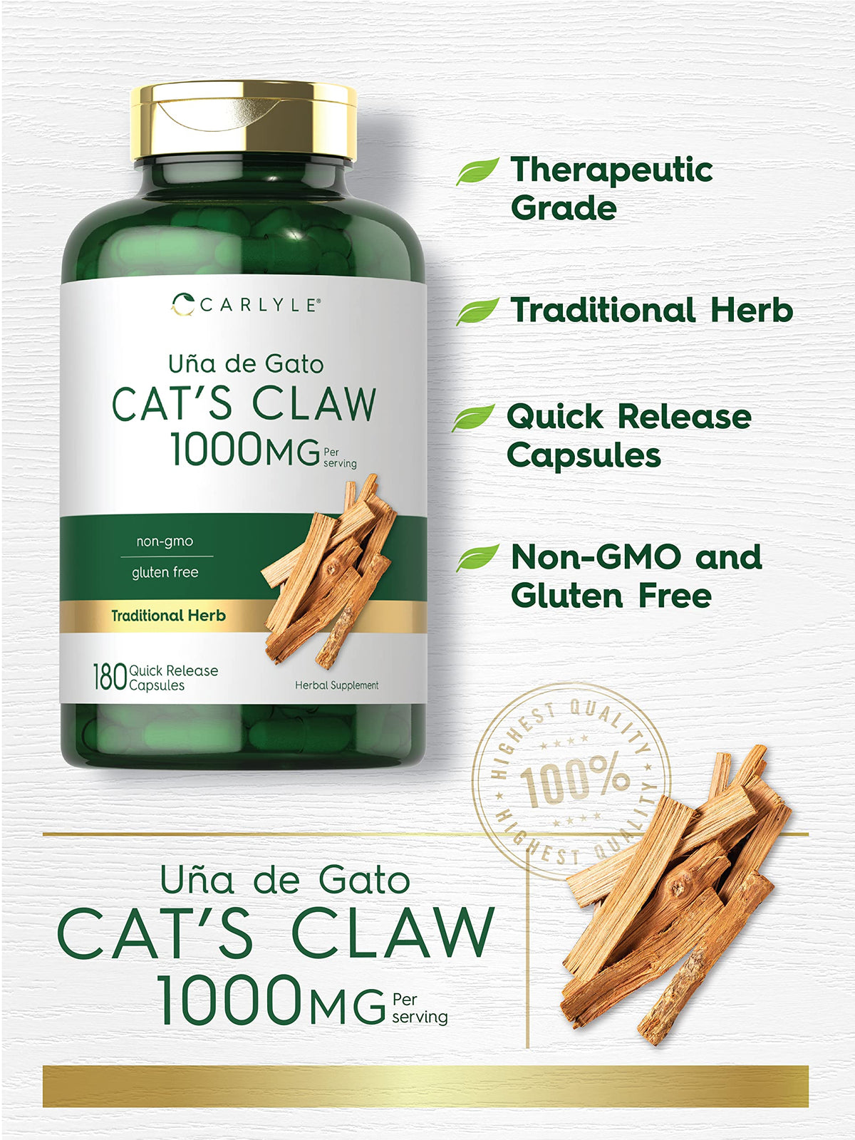 Carlyle Cat's Claw Herb Capsules 1000mg - 180 Count - image 3