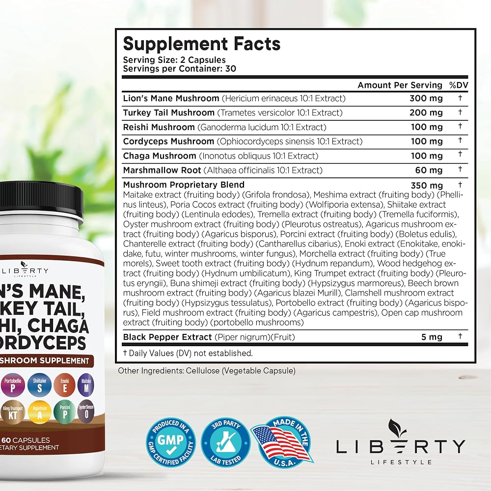 Liberty Lifestyle Lions Mane Mushroom Supplement with Turkey Tail