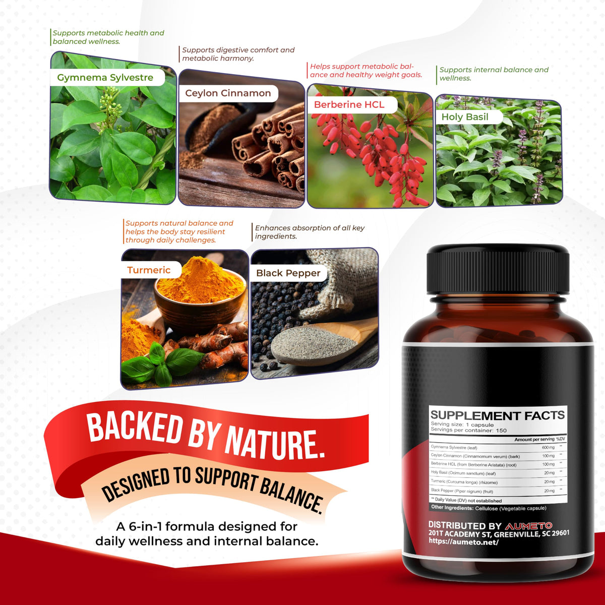 Aumeto Gymnema Sylvestre 6-in-1 with Berberine & Cinnamon - 150 Capsules - image 4