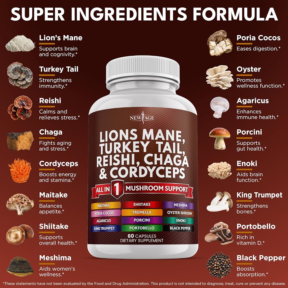 NEW AGE Lions Mane Mushroom Supplement with Turkey Tail Reishi