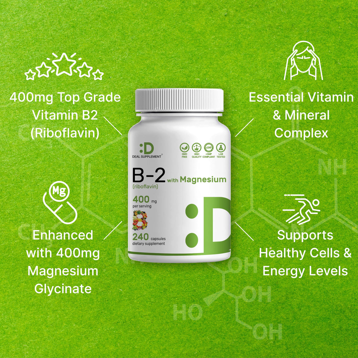 Deal Supplement Vitamin B2 400mg with Magnesium Glycinate - 240 Capsules - image 4