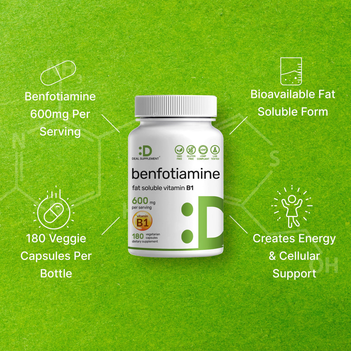 DEAL SUPPLEMENT Benfotiamine 600mg Vitamin B1 - 180 Vegetarian Capsules - image 3